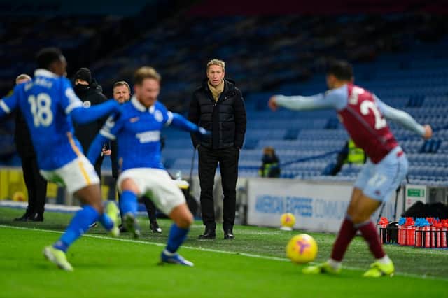 Brighton's manager Graham Potter watches from the touchline during the English Premier League football match between Brighton and Hove Albion and Aston Villa at the American Express Community Stadium in Brighton.