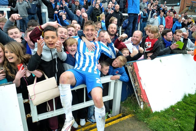Jordan Hugill celebrates with the Hartlepool United fans at the end of the game against Exeter City. Picture by FRANK REID