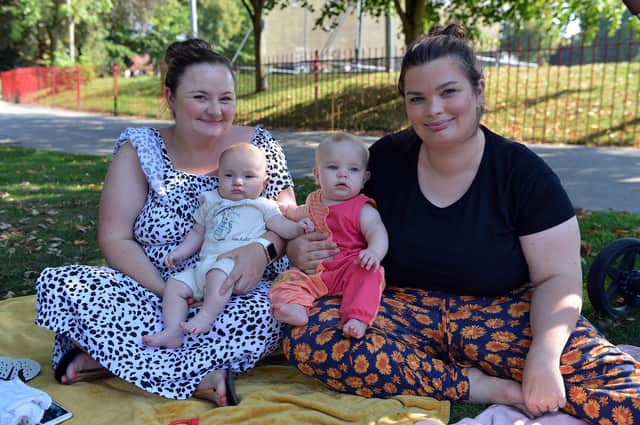 Leah and Freddie Drake and Beth Miller and Isla Askey in Chesterfield's Queen's Park this week as the September sun shone.
