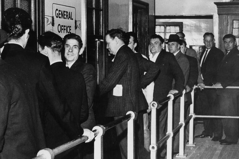 Seamen queuing to register for the strike at the Mill Dam offices of the National Union of Seamen, South Shields. Remember this from May 1966?