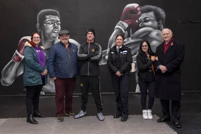 South Yorkshire Police Chief Constable Lauren Poultney visits De Hood boxing club on the Manor Estate. L-R Angela Greenwood (SY Violence Reduction Unit), Clr Terry fox, Reagan Denton, Chief Constable Lauren Poultney, Laura Jackson and Dr Alan Billings. Picture Scott Merrylees