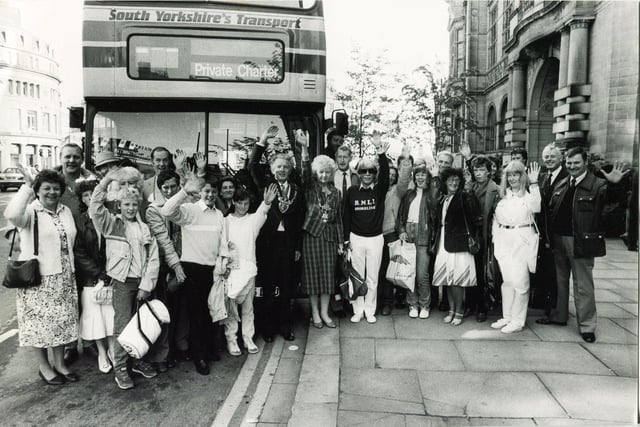 Lifeboat appeal supporters pictured outside the town hall with Coun Peter Horton before setting off to watch the launch of a Tyne Class lifeboat, 1987