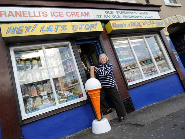 Granelli's famous sweet shop in Broad Street, Sheffield with owner Rosita Granelli-Hunt in the doorway