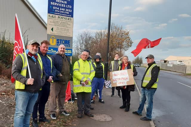 Striking Stagecoach bus drivers on the picket line at Holbrook, Sheffield. Drivers are voting on a pay offer.
