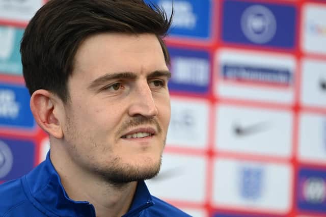 England's defender Harry Maguire gives a press conference at St George's Park ahead of the semi-final against Denmark: PAUL ELLIS/POOL/AFP via Getty Images