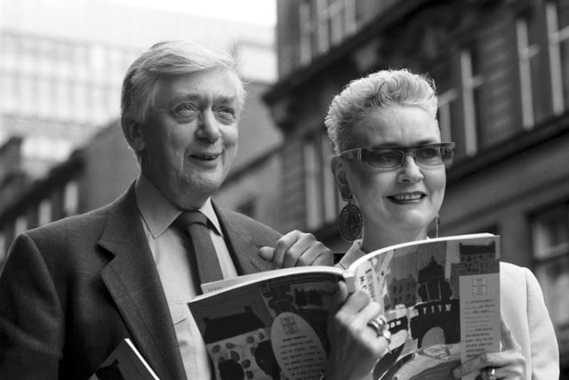 Glasgow poet and translator Edwin Morgan with hairdresser Rita Rusk at the launch of his book celebrating Glasgow City of Culture,  February 1990.