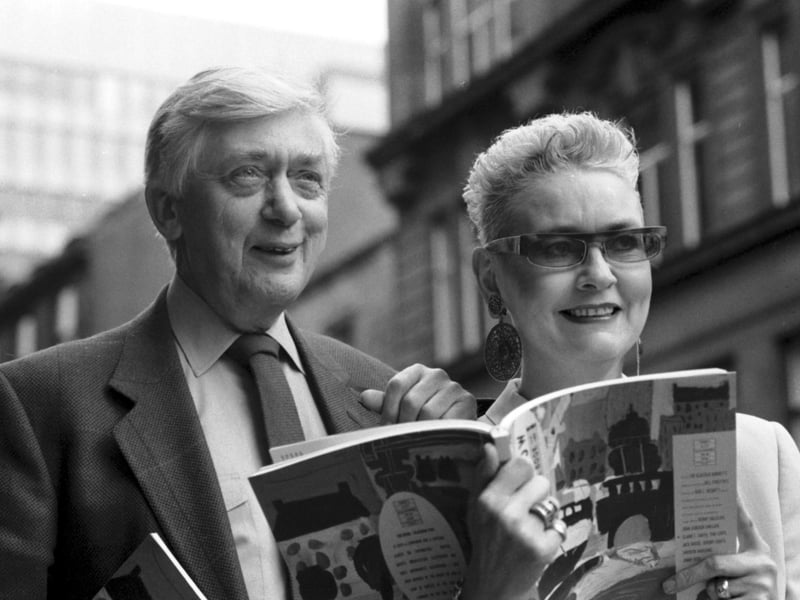 Glasgow poet and translator Edwin Morgan with hairdresser Rita Rusk at the launch of his book celebrating Glasgow City of Culture,  February 1990.