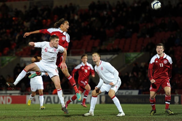 Jack O'Connell turning out for England U19s against Denmark U19 at Keepmoat Stadium in February 2013.  (Photo by Chris Brunskill/Getty Images)