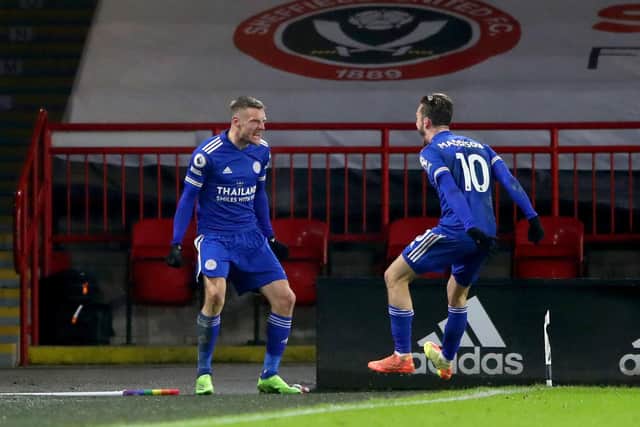 Leicester City's Jamie Vardy (left) celebrates with teammate James Maddison after scoring his side's winner at Bramall Lane: Nick Potts/PA Wire.