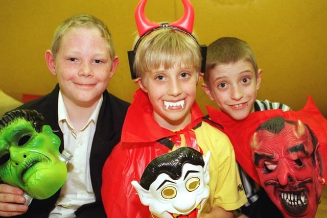 Daniel Wraith, aged 10 from Bessecar, Thomas Skies, aged 8 from Fishlake and Liam Margison, aged nine. At the Doncaster Dome Halloween party in 1998.