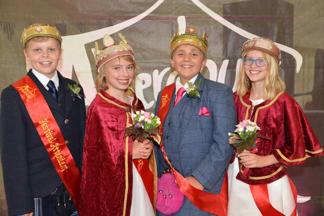 From left, Peter Bryden (attendant), Queen Zoe MacNulty,  King Myles Adam and Maddy Phillips (attendant)