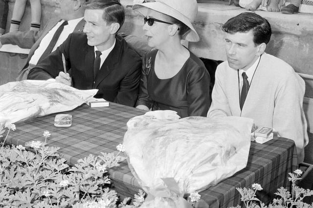 Judges Sheila Paton, Dixie Ingram and David Ellen at the first heat of the 1965 Edinburgh Evening News and Dispatch Miss Dunbar contest.