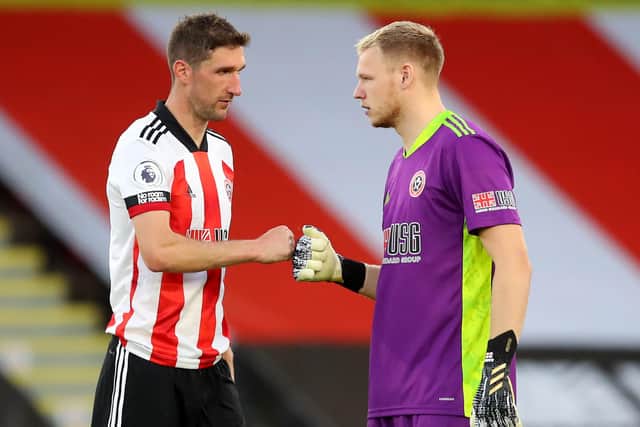 Aaron Ramsdale with his Sheffield United team mate Chris Basham (L) Simon Bellis/Sportimage
