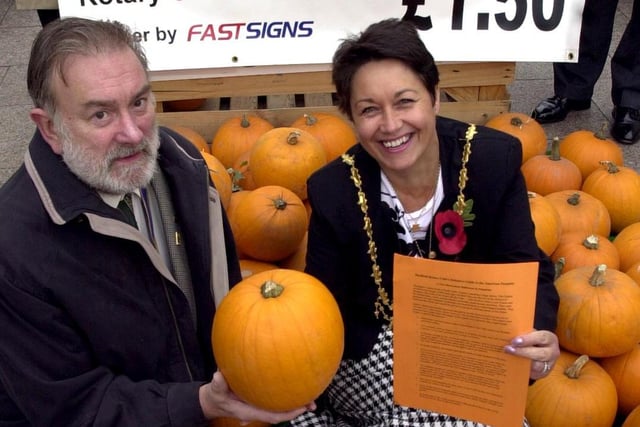 The Lord Mayor Coun Diane Leek with Sheffield Rotary Club President Graham Wright, selling pumpkins for the Lord Mayor's Charity in Fargate  2003