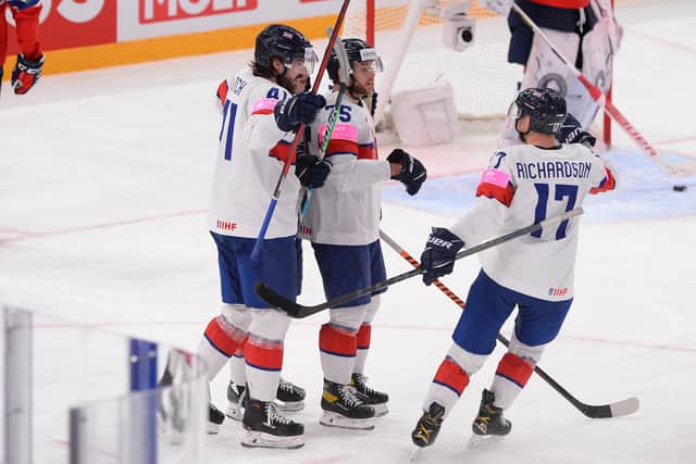 Celebrations for Team GB after they score against Norway. Picture: Dean Wooley