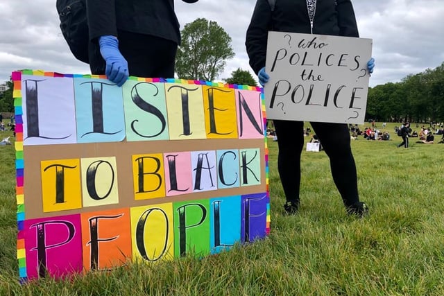 Another powerful sign with reference to George Floyd's death who died after a US police officer kneeling on him failed to hear the black man say 'I can't breathe'