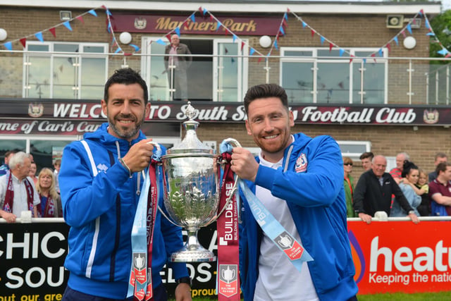 South Shields return to Mariners Park with FA Vase. From left Julio Arca and Leepaul Scroggins.