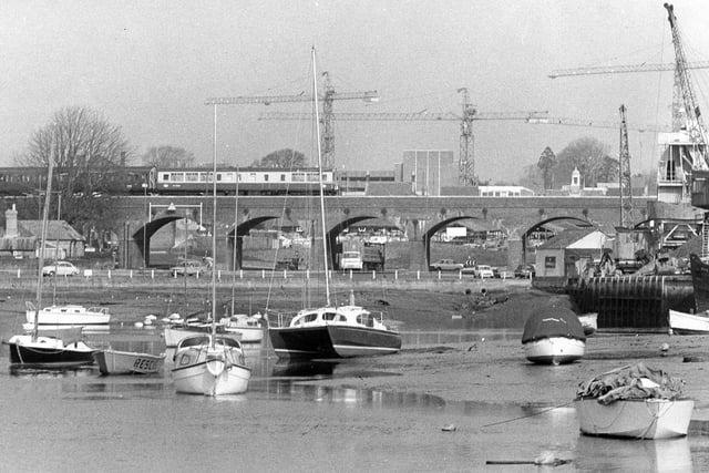 Fareham Creek with a train passing along in March 1974. The News PP4539