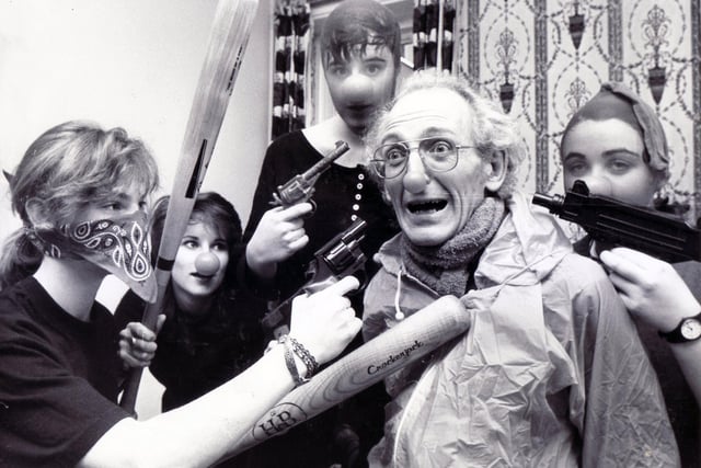 Pupils kidnap headmaster Frank Abel and shoot him with water pistols at King Ecgbert School, Sheffield, in aid of Comic Relief 1989