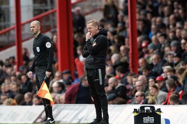 Garry Monk cut a lonely figure on the Sheffield Wednesday touchline throughout their 5-0 humbling at Brentford in March. Pic: Steve Ellis.