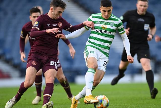 GLASGOW, SCOTLAND - DECEMBER 20: Celtic's Mohamed Elyounoussi (R) is put under pressure by Andy Irving of Hearts during the William Hill Scottish Cup Final between Celtic and Hearts at Hampden Park, on December 20, 2020, in Glasgow, Scotland. (Photo by Bill Murray / SNS Group)