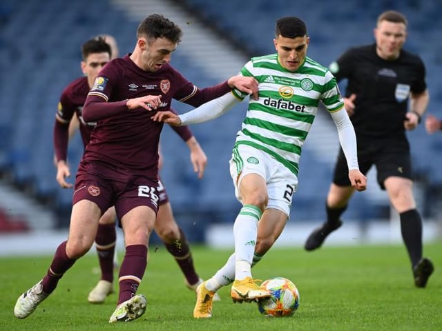 GLASGOW, SCOTLAND - DECEMBER 20: Celtic's Mohamed Elyounoussi (R) is put under pressure by Andy Irving of Hearts during the William Hill Scottish Cup Final between Celtic and Hearts at Hampden Park, on December 20, 2020, in Glasgow, Scotland. (Photo by Bill Murray / SNS Group)
