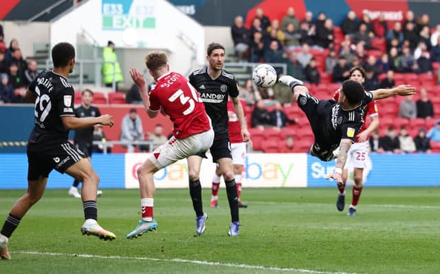 Morgan Gibbs-White of Sheffield United scores the equalising goal against Bristol City: Darren Staples / Sportimage