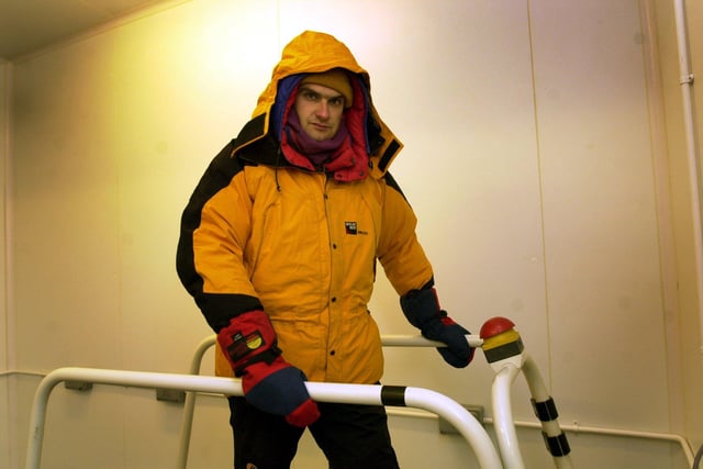 Ivor Sirett one of the team of six tests out the freezing conditions on the tread mill at Sheffield's centre for sport and exercise in preperation for his part in the cold feet 2003 expedition to the South Pole, pictured in 2001