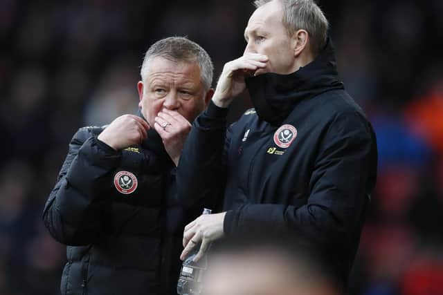 Chris Wilder manager of Sheffield United and assistant Alan Knill during the Premier League match with Brighton - Simon Bellis/Sportimage