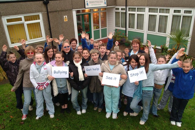 As part of anti-bullying week the whole school at Woodsetts Primary formed a circle around the school building.