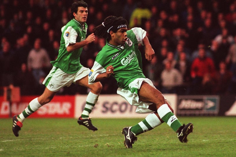 Kevin Harper scores Hibs first goal against Dundee United at Easter Road in 1996.