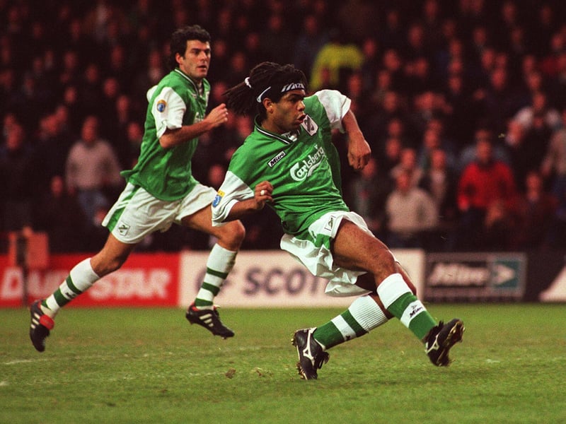 Kevin Harper scores Hibs first goal against Dundee United at Easter Road in 1996.