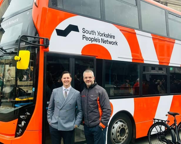 South Yorkshire Mayor Oliver Coppard, right, and Doncaster East MP Lee Pitcher with one of the new South Yorkshire People's Network buses