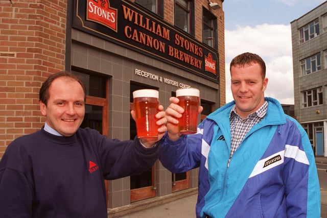 Brewery manager Nigel Haighton and Sheffield Eagles' Paul Broadbent enjoy a pint outside the Cannon brewery in Sheffield