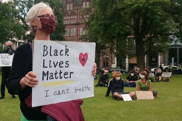 The BLM protesters were peaceful, and maintained social distancing during the demonstration.
