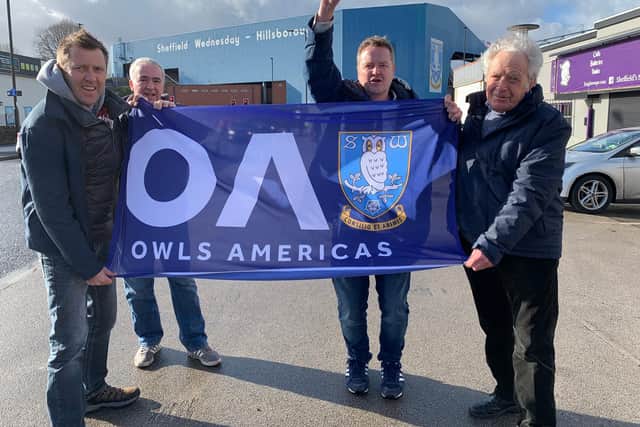 Jamie (left) representing the Owls Americas with his dad Don (right) and North Stand season ticket holders Jamie Kelly (second from left) and Dave Hickling.