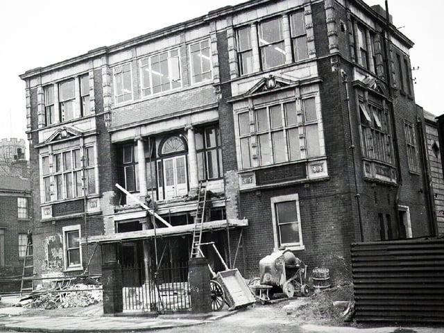 Showing progress in changing the  Scala Cinema frontage, Brook Hill,  into a building for the Sheffield University, January 22, 1953