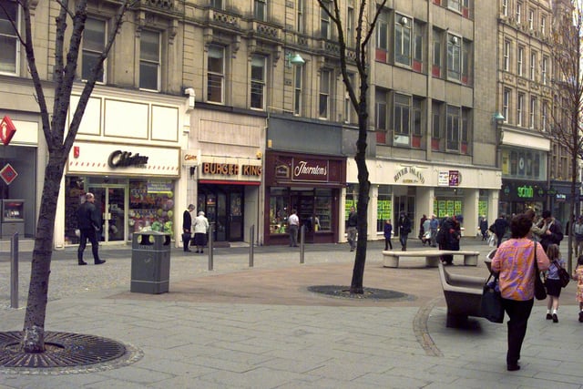 Thorntons chocolate shop on Fargate in 1999, next to Burger King. The company was founded in Sheffield in 1911 but closed all 61 shops in March 2021 due to pandemic lockdowns. It still sells online.