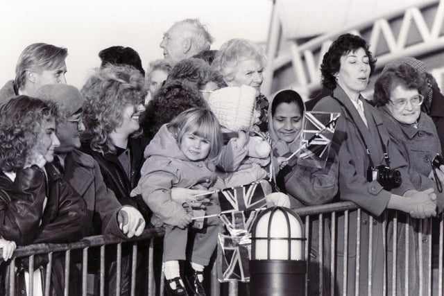 Local school children and parents wait to see Princess Diana at Doncaster Dome in November 1989