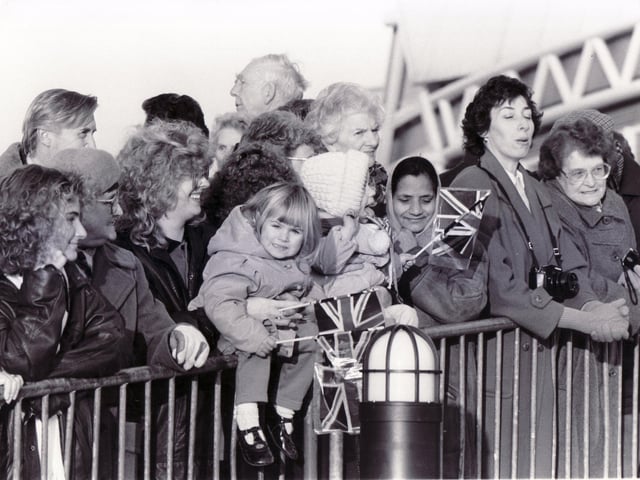Local school children and parents wait to see Princess Diana at Doncaster Dome in November 1989