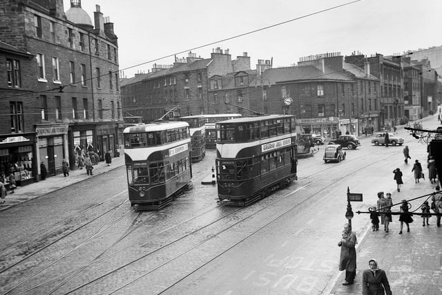 Trams at the Tramway junction at Tollcross, around 1952.