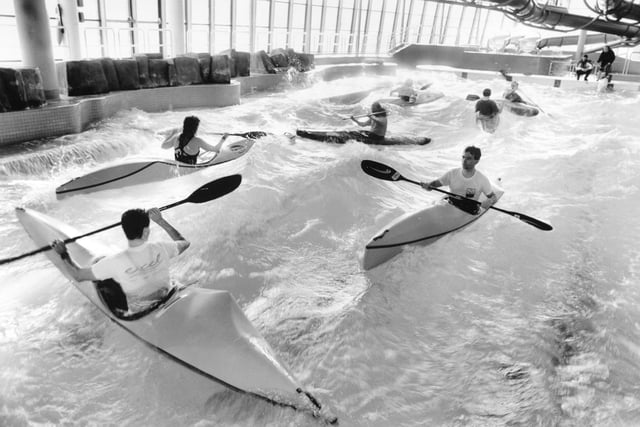 Canoeists going through their paces at Sheffield's Ponds Forge leisure complex in preparation for a major international exhibition in February 1993