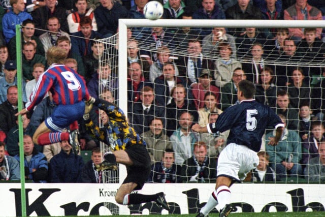 No 9 
Jurgen Klinsman knocks the ball into the Raith Rovers net to score for Bayern Munich in October 1995's UEFA Cup second-round game at Easter Road in Edinburgh. Photo: SNS Group
