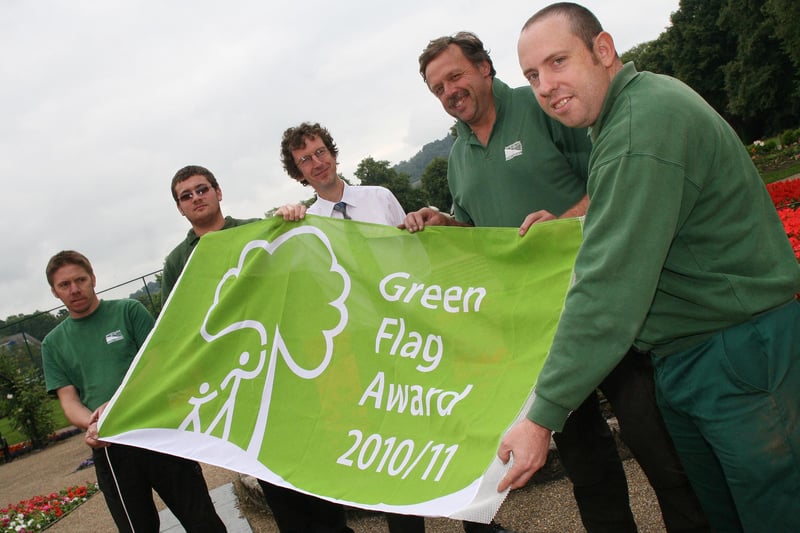 Steve Lynam, Sean Ashton, Keith Postlethwaite, Neil Mather and Robert Falconer celebrate the success of their third consecutive Green Flag Award for Hall Leys Park in Matlock in 2010.