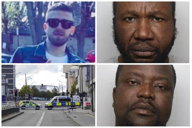 Louis James, aged 47 (top right), of Manor Lane, Sheffield, and Dereck Owusu (bottom right), aged 39, of Strathmore Grove, at Wath-upon-Dearne, near Rotherham have been convicted of murdering Reece Radford (top left), who was fatally stabbed during a violent altercation on Arundel Gate in Sheffield city centre