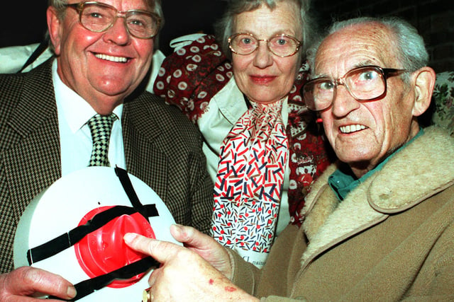 Pictured is the 'Festival of Light' Switch-On at St Lukes Hospice, Patient Ernest Jackson (right) along with Brian Platts pressed the button to switch on the 'Festival of Light' watched by Audrey Rose Organiser of the Festival in 1999