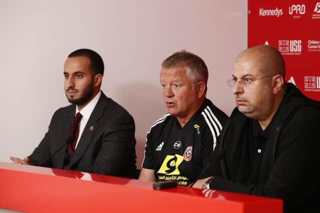 H.H. Prince Musa'ad bin Khalid bin Musa'ad Al Sa'ud, (l) manager Chris Wilder and H.R.H Prince Abdullah bin Mosa'ad bin Abdulaziz Al Sa'ud at a press conference introducing the new owners of Sheffield United  at Bramall Lane, Sheffield. Picture date: 19th September 2019. Picture credit should read: Simon Bellis/Sportimage