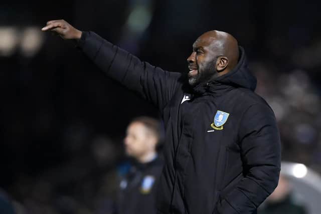 BRISTOL, ENGLAND - APRIL 18: Darren Moore, Manager of Sheffield Wednesday, gestures during the Sky Bet League One match between Bristol Rovers and Sheffield Wednesday at Memorial Stadium on April 18, 2023 in Bristol, England. (Photo by Dan Mullan/Getty Images)