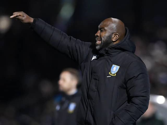 BRISTOL, ENGLAND - APRIL 18: Darren Moore, Manager of Sheffield Wednesday, gestures during the Sky Bet League One match between Bristol Rovers and Sheffield Wednesday at Memorial Stadium on April 18, 2023 in Bristol, England. (Photo by Dan Mullan/Getty Images)