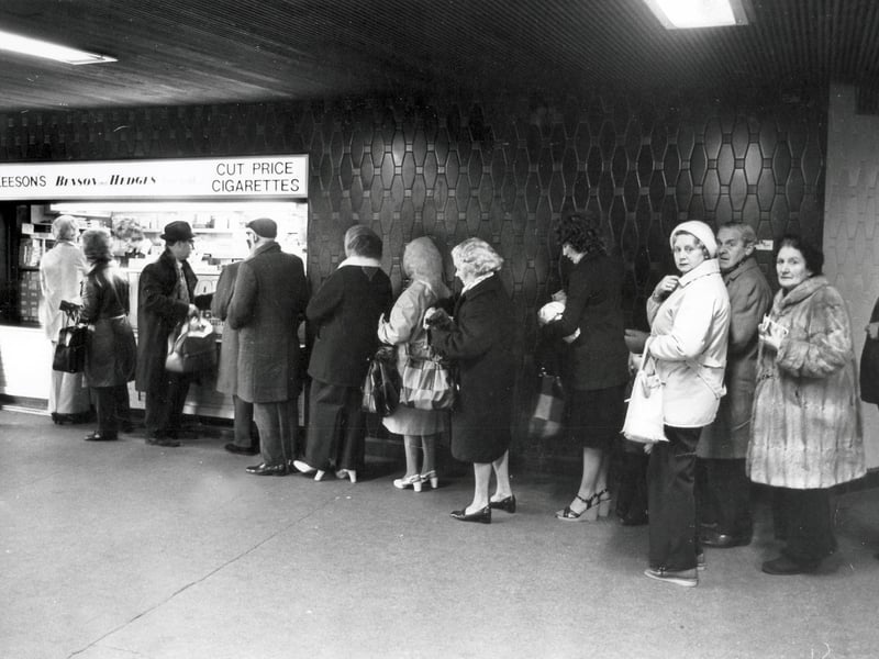 The structure was used for many years.. Pictured is a 'beat the budget' queue outside a cigarette kiosk in Sheffield's Hole in the Road subway on Budget Day, March 29, 1977